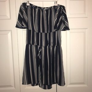 Off the shoulder blue and white romper